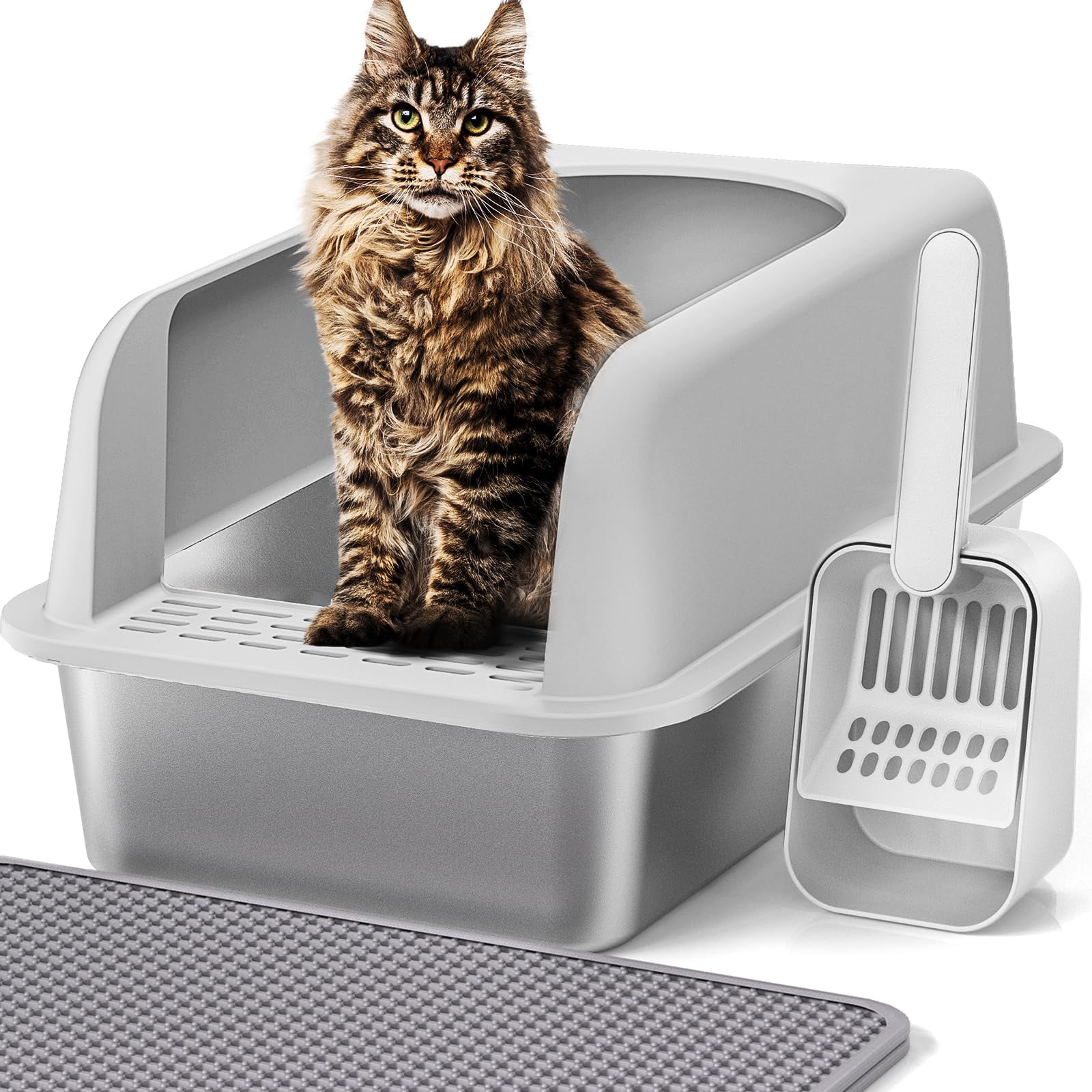 Stainless Steel Cat Litter Box With Lid  20" L X 14.2" W 11.8" H Extra Large For Big Cats High Sided Anti-urine Leakage Easy Cleaning Include Mat And Scoop
