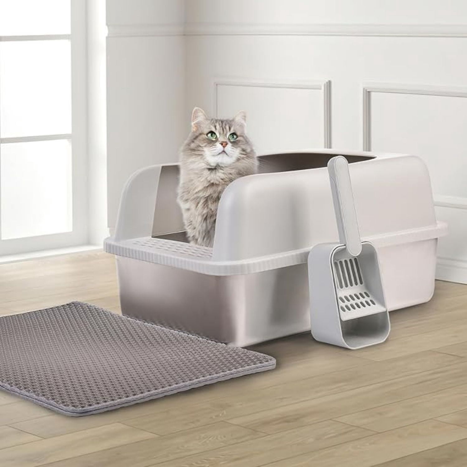 Stainless Steel Cat Litter Box with Lid, 20" L x 14.2" W x 11.8" H, Extra Large Litter Box for Big Cats with High Sided, Anti-Urine Leakage, Easy Cleaning, Include Cat Mat and Scoop