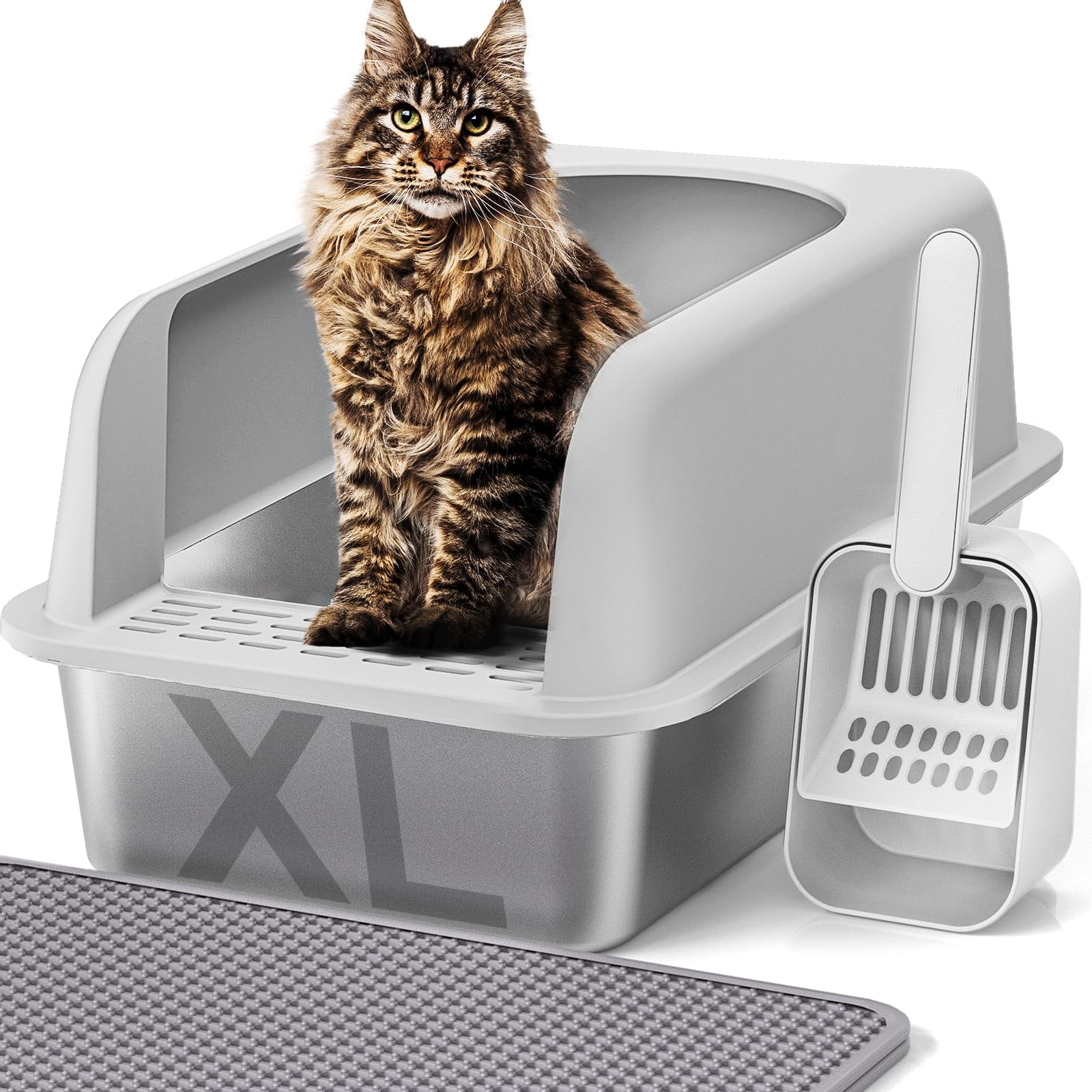 Stainless Steel Cat Litter Box With Lid  24" L X 16" W 11.8" H Extra Large For Big Cats High Sided Anti-urine Leakage Easy Cleaning Include Mat And Scoop