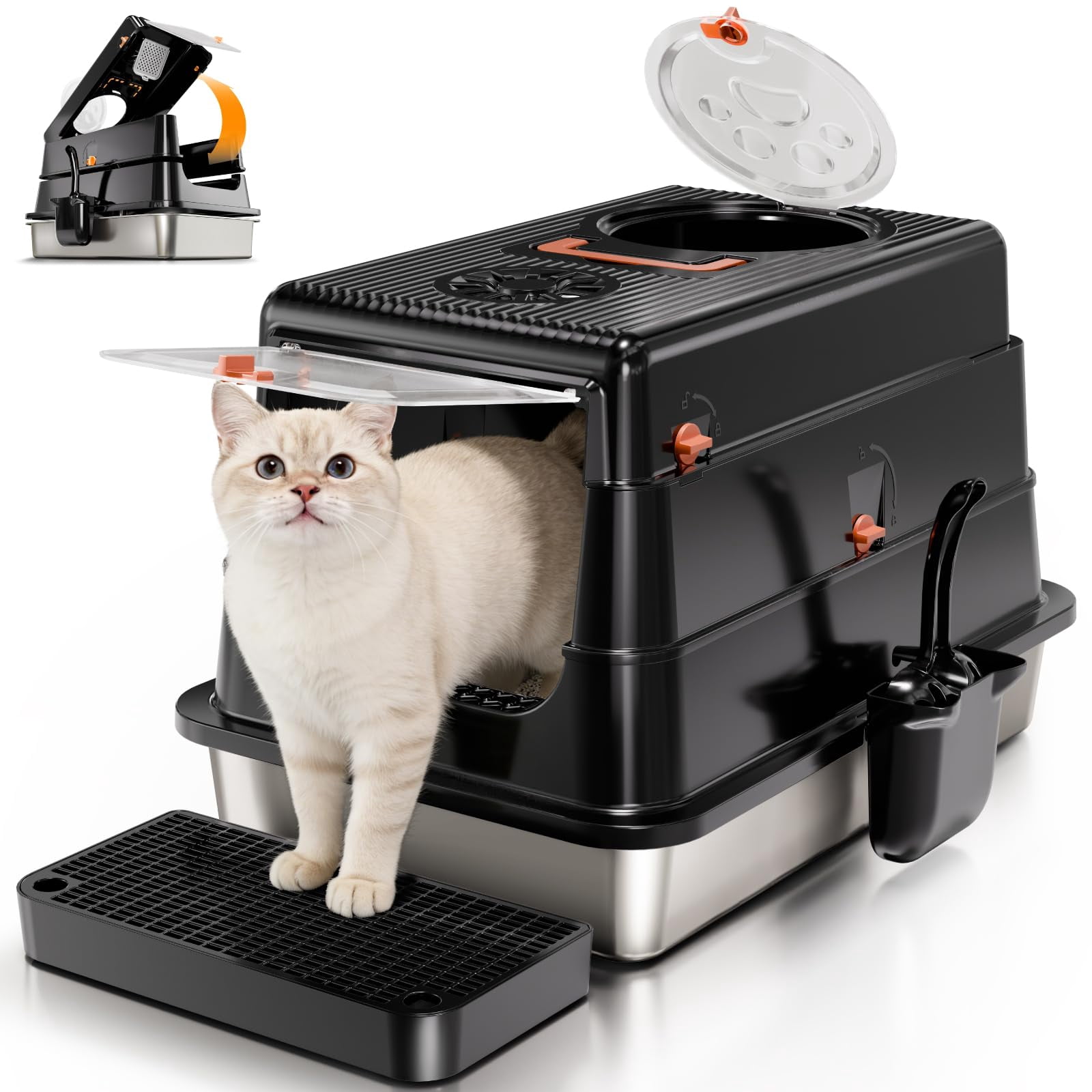Stainless Steel Cat Litter Box With Lid  Enclosed Extra Large Metal Pan For Big Cats Full Flip Cover High Sided Litterbox Include Scoop Easy Cleaning Non-stick Black