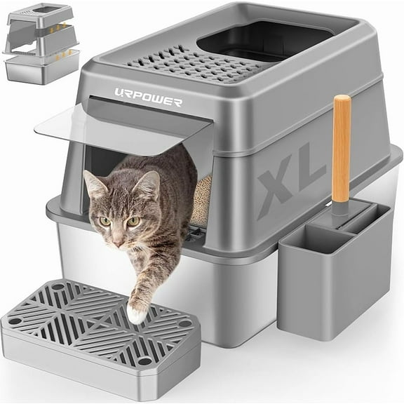 MY Stainless Steel Cat Litter Box with Lid Extra Large Enclosed Litter Box for Cats Non-Sticky Metal Pan with High Sided Enclosure & Scoop, Front & Top Entry, Anti-Leakage, Easy Cleaning
