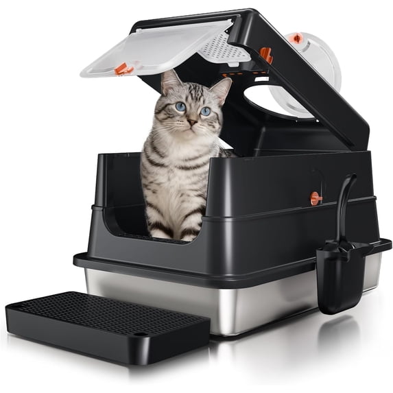Stainless Steel Cat Litter Box with Lid, Extra Large Enclosed Metal Litter Pan with High Sides, Full Flip Cover Litter Box for Large Cat, Include Scoop & Step, Leak Proof Easy Clean Odor Control