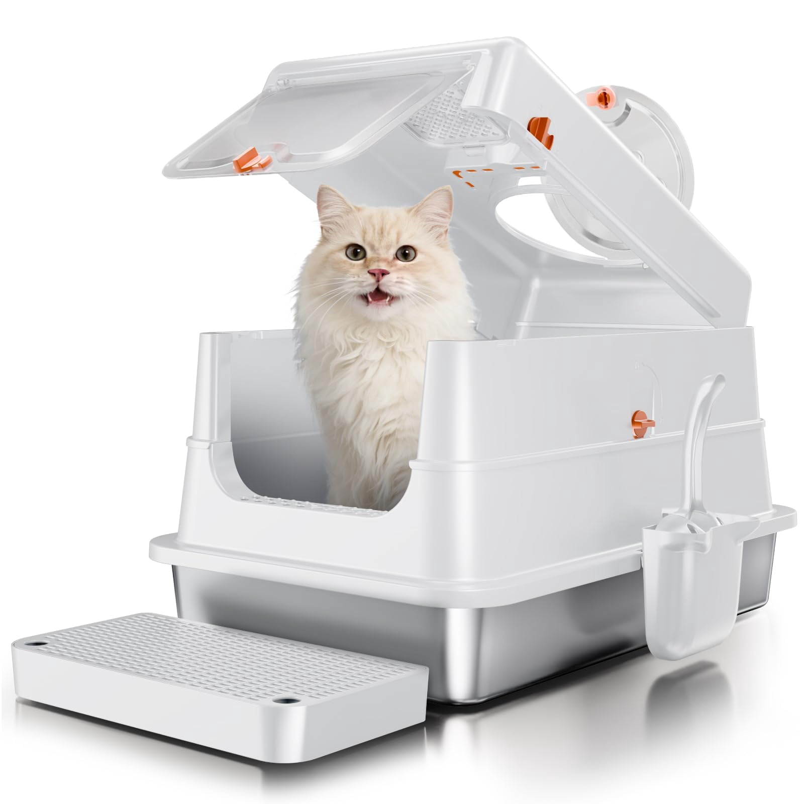 Stainless Steel Cat Litter Box With Lid  Extra Large Enclosed Metal Pan High Sides Full Flip Cover For Include Scoop & Step Leak Proof Easy Clean Odor Control White