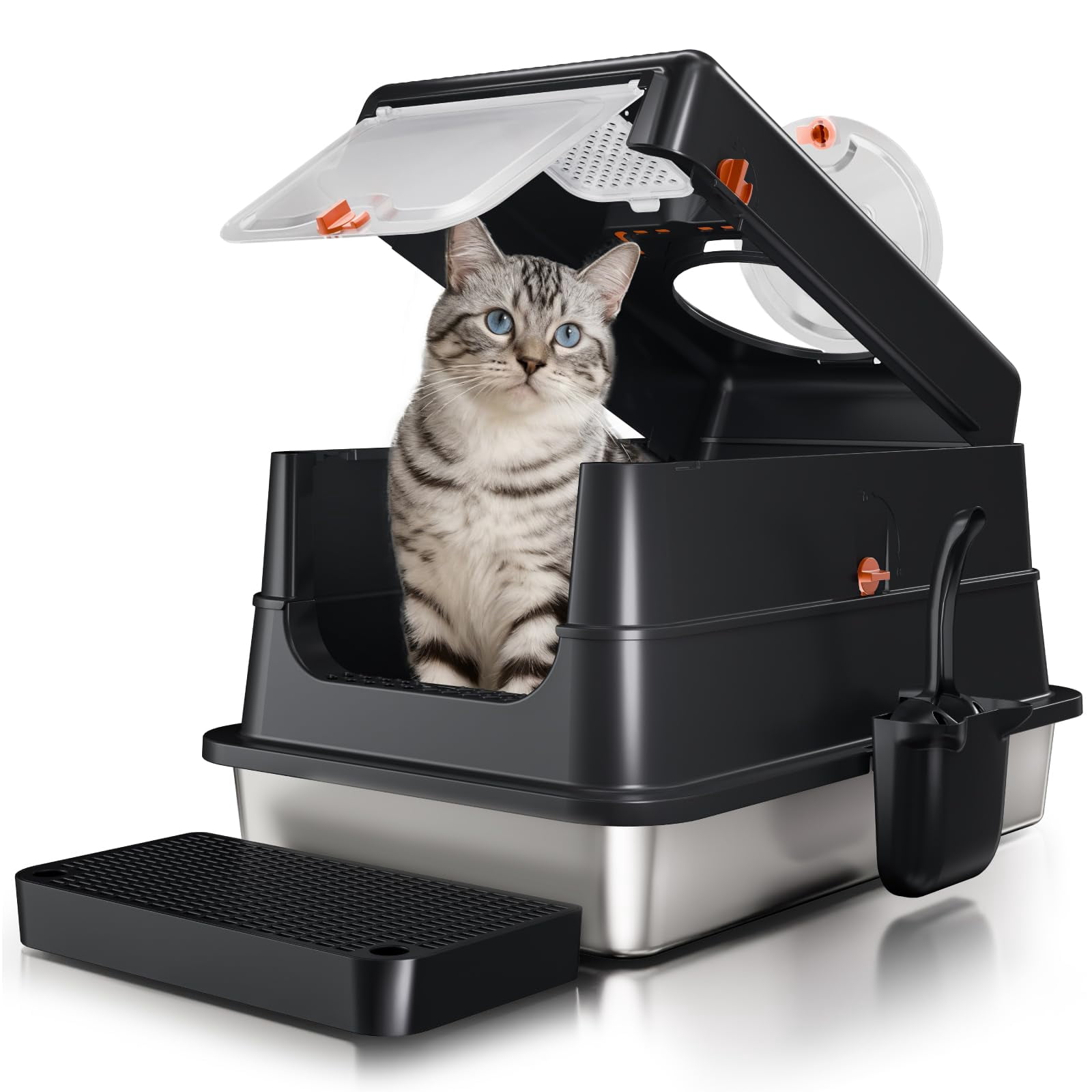 Stainless Steel Cat Litter Box Black X-Large Enclosed High Sides with Flip Lid