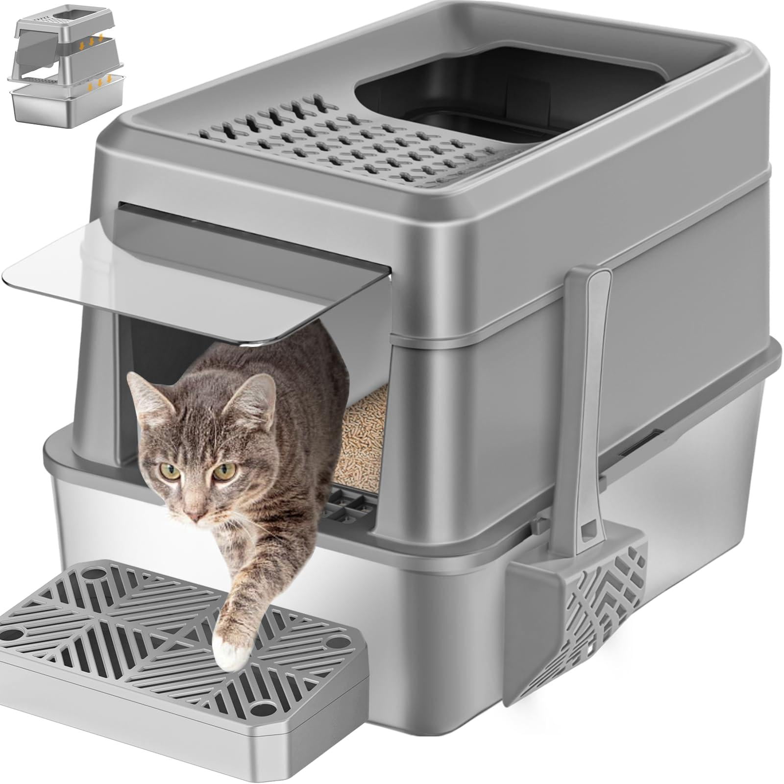 Stainless Steel Cat Litter Box With Lid Extra Large Enclosed Non-sticky Metal Pan High Sided & Scoop  Odor Free Front Top Entry Anti-leakage Easy Cleaning