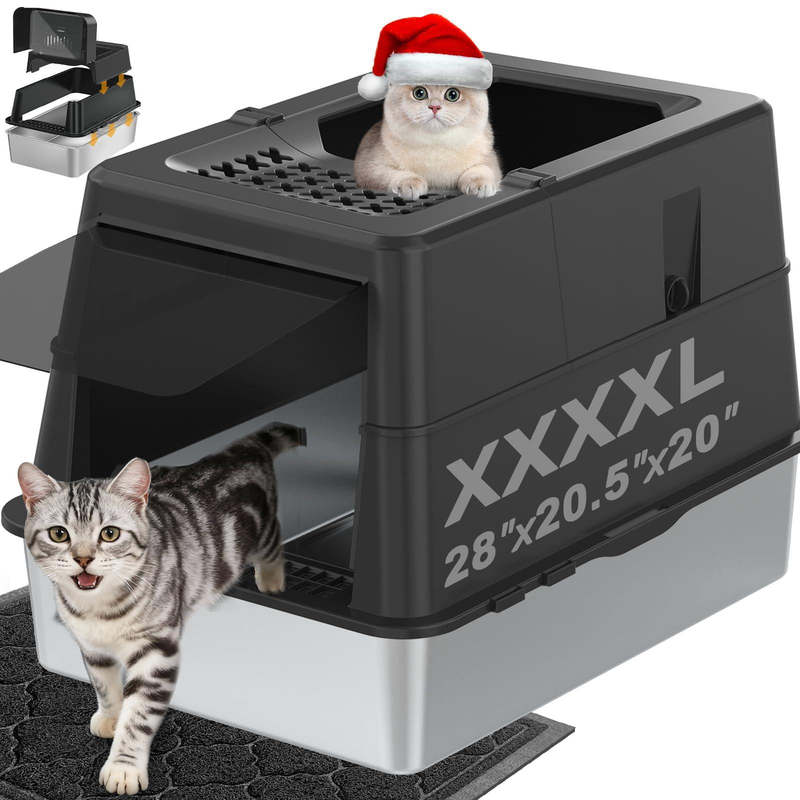 Stainless Steel Cat Litter Box With Lid Extra Large Enclosed Non-sticky Metal Pan High Sided & Scoop  Odor Free Front Top Entry Anti-leakage Easy Cleaning