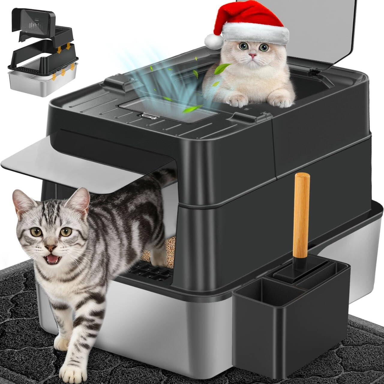 Stainless Steel Cat Litter Box With Lid Extra Large Enclosed Non-sticky Metal Pan High Sided & Scoop  Odor Free Front Top Entry Anti-leakage Easy Cleaning