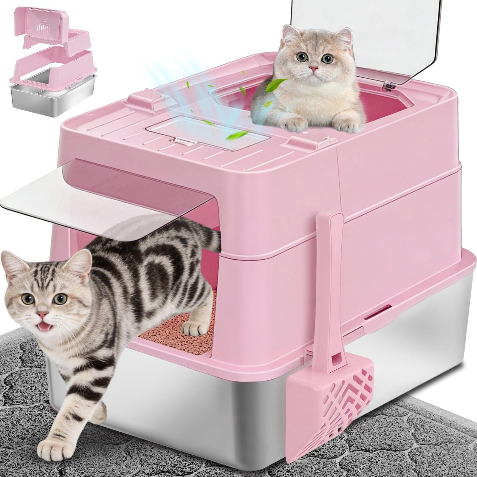 Stainless Steel Cat Litter Box With Lid Extra Large Enclosed Non-sticky Metal Pan High Sided & Scoop  Odor Free Front Top Entry Anti-leakage Easy Cleaning