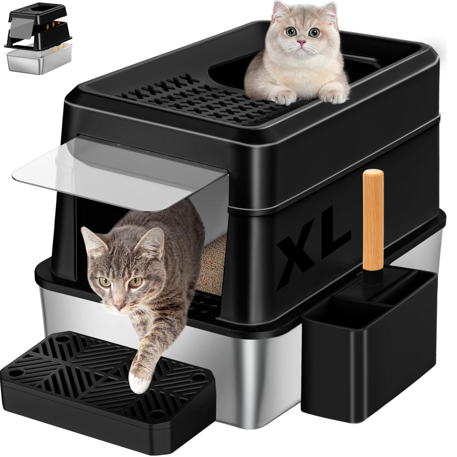 Stainless Steel Cat Litter Box With Lid Extra Large Enclosed Non-sticky Metal Pan High Sided & Scoop  Odor Free Front Top Entry Anti-leakage Easy Cleaning