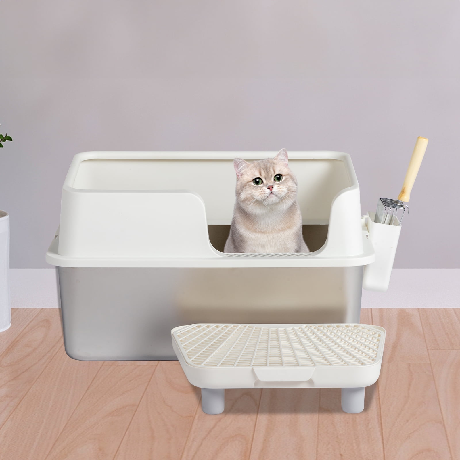 Stainless Steel Cat Litter Box with Lid, Extra Large Litter Pan with High Sides for Big Cats, Kitty Litter Box with Pedal Filter and Scoop, No Odor, Non-Sticky, Anti-Leakage, Easy Cleaning, White