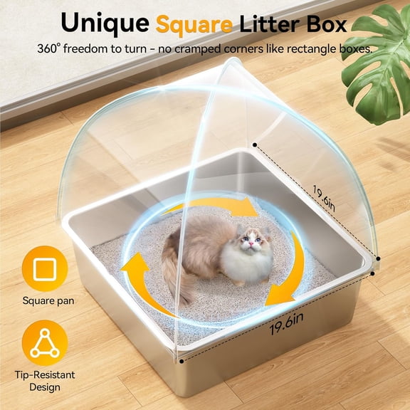 Stainless Steel Cat Litter Box with Lid, Extra Large Square 3-in-1 Enclosed Metal Litter Box with High-Sided Oxford Fabric Cover, Metal Scoop, , Non-Sticky, Leak-Resistant, Easy to Clean