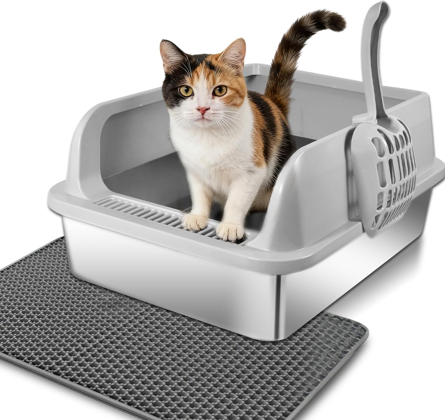 Stainless Steel Cat Litter Box with Lid, High-Wall Non-Stick Litter Pan for Small Cats, Anti-Leakage Metal Litter Box, Easy to Clean, Includes Cat Mat and Scoop, 17.2"x13.2"x7.7"