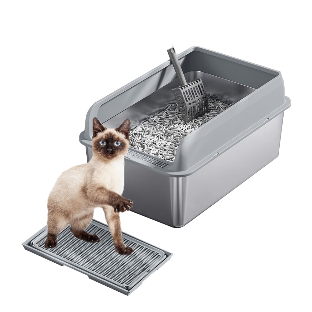 Stainless Steel Cat Litter Box with Lid, Large Metal Cat Litter Box, High Wall Sided Enclosure Kitty Litter Box with Scoop and Mats, Non-Sticky, Easy Clean,Odorless