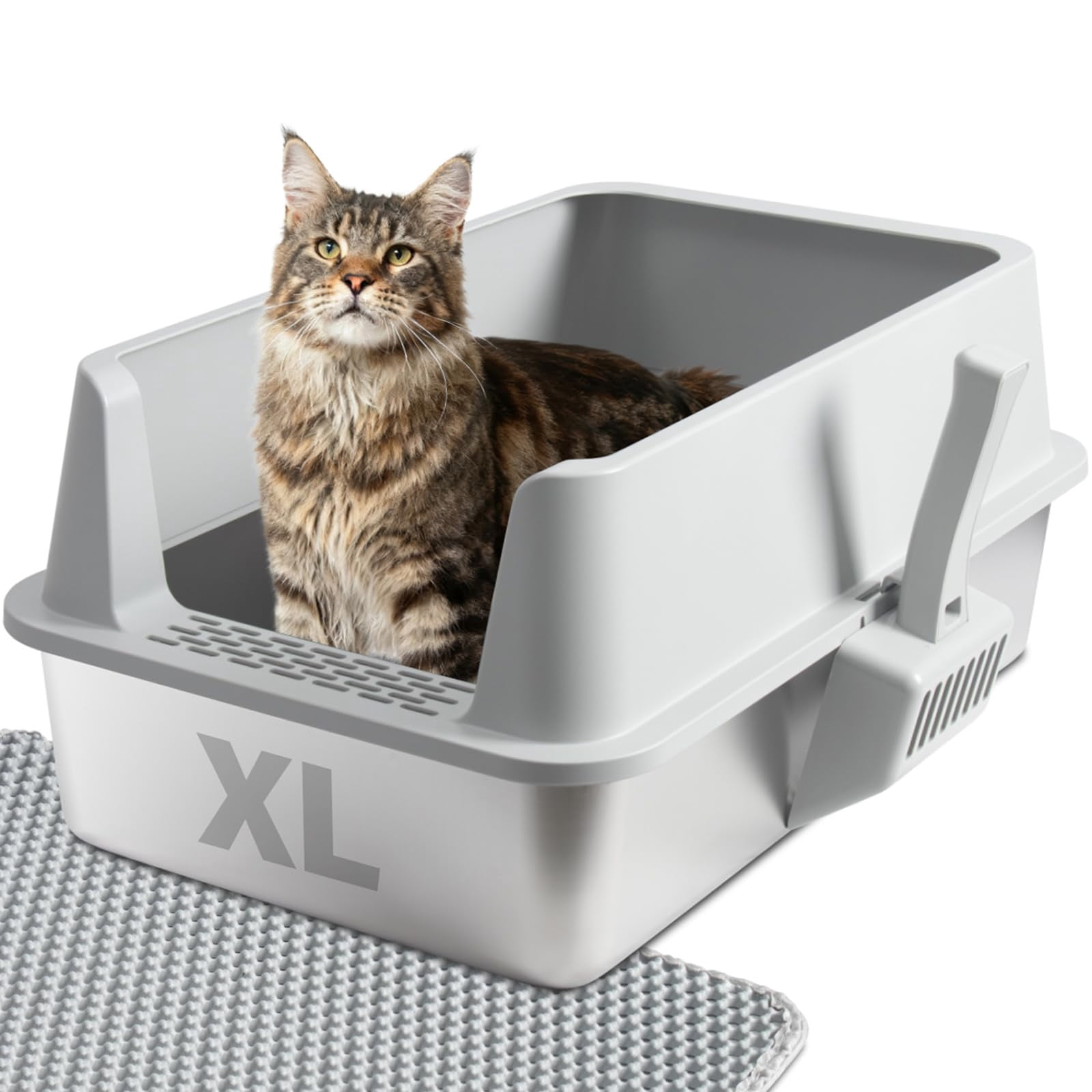 Stainless Steel Cat Litter Box With Lid  Large Metal Mat & Scoop Odor-free/anti-leakage Non-stick/easy Clean High-sided For Multiple Big Cats(xl/grey)