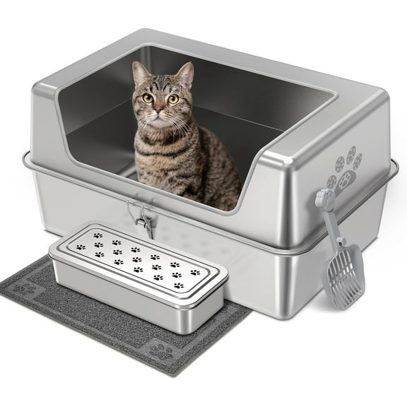 Stainless Steel Cat Litter Box with Lid, Metal Litter Box with 11.8'' High Sides, Cat Litter Pan for Big & Multiple Cats, Kitten Toilet with Stainless Steel Pedal, Non-Stick, Easy Cleaning