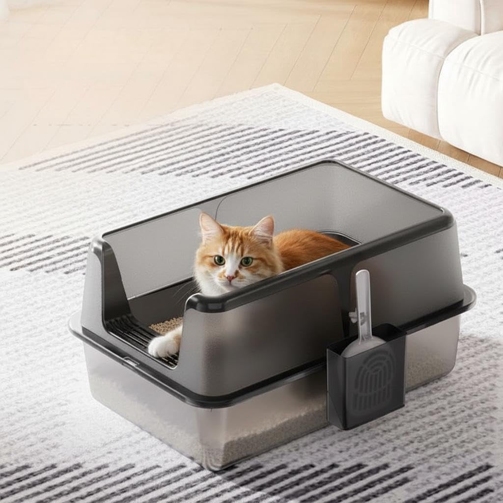 Stainless Steel Cat Litter Box with Lid and Scoop 60x40x36.5CM, Easy to Clean Cat Litter Trays, High Sided, Non-Stick, Leak-Proof Metal Cat Litter Box for Cats,Black