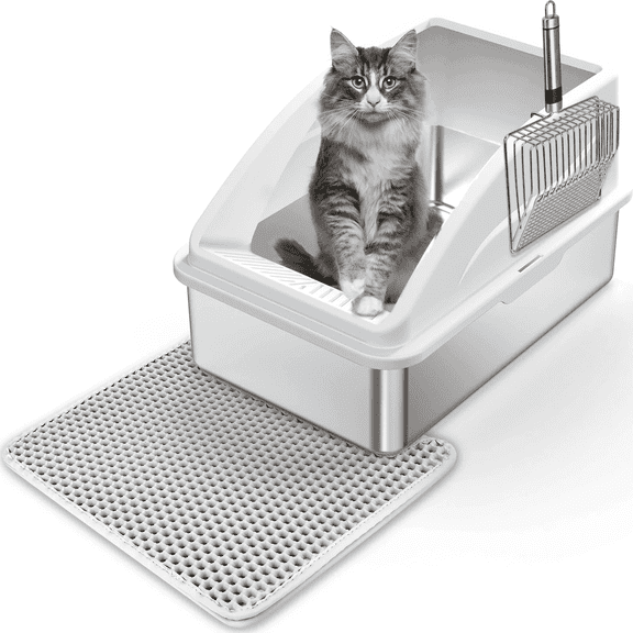 Stainless Steel Litter Box with Lid,FurLove 20L Half-Enclosed Large Cat Litter Box, 6in High Sided Cat Litter Box,XL Litter Box for Small/Big/Multi Cats,Silver Gray