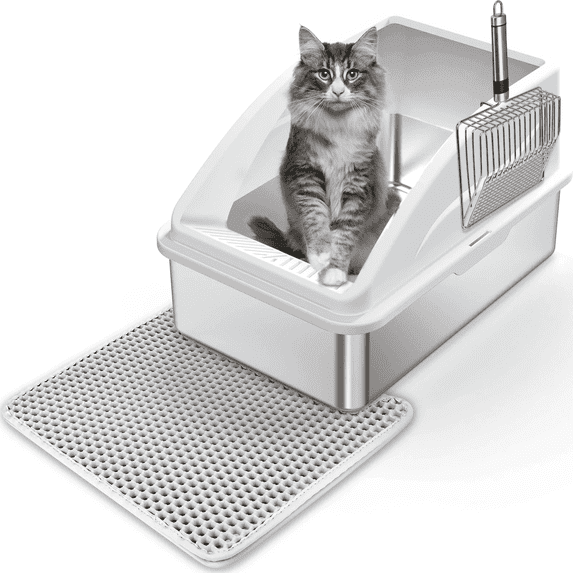 Stainless Steel Litter Box with Lid,FurLove 20L Half-Enclosed Large Cat Litter Box, 6in High Sided Cat Litter Box,XL Litter Box for Small/Big/Multi Cats,Silver Gray