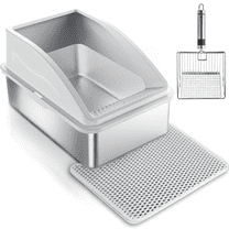 Stainless Steel Litter Box with Lid,FurLove 20L Half-Enclosed Large Cat Litter Box, 6in High Sided Cat Litter Box,XL Litter Box for Small/Big/Multi Cats,Silver Gray