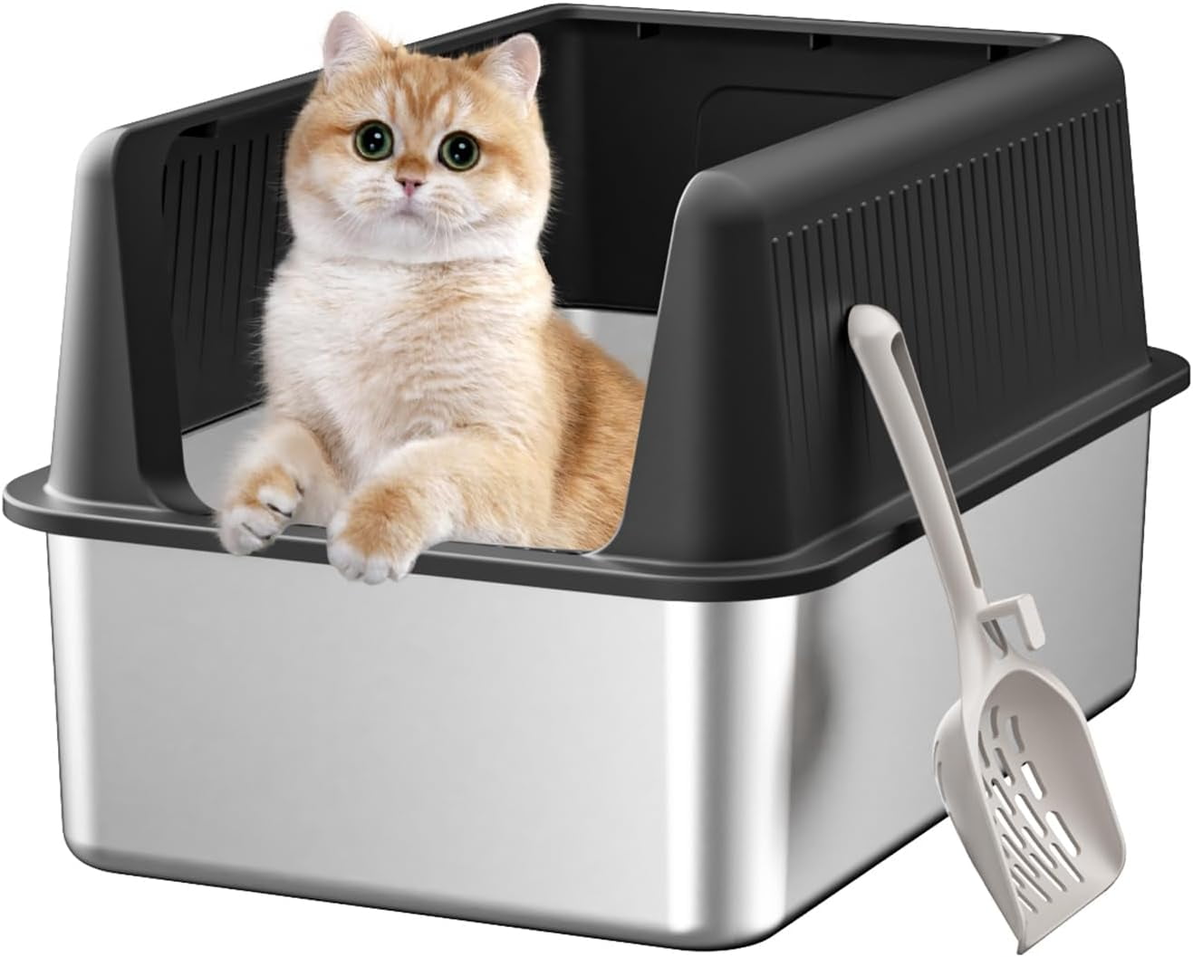 L&W BROS. Stainless Steel Cat Litter Box With Lid & Scoop - 19.7x13.7x9.5", Easy Clean, Odor Resistant For Large Cats