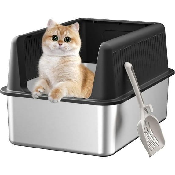 Stainless Steel Cat Litter Box with Lid,XL,19.7”L x 13.8”W x 11.8”H Deep,Metal Litter Box with High Side,for Small and Large Cats,with a Scoop and Scoop Storage Box Litter Mat Double,Easy Cleaning