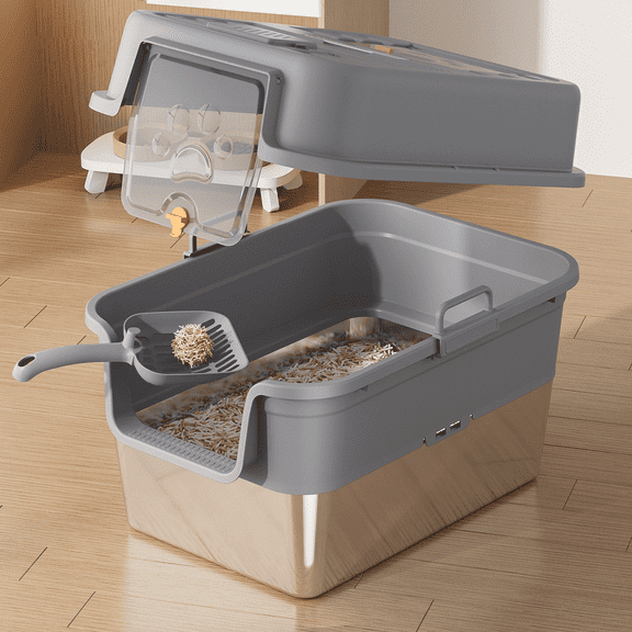 Stainless Steel Cat Litter Box with Lid, XL Enclosed Metal Litter Box for Kittens & Large Cats, Anti-Leak High Sides, Non-Stick Easy to Clean with Litter Scoop