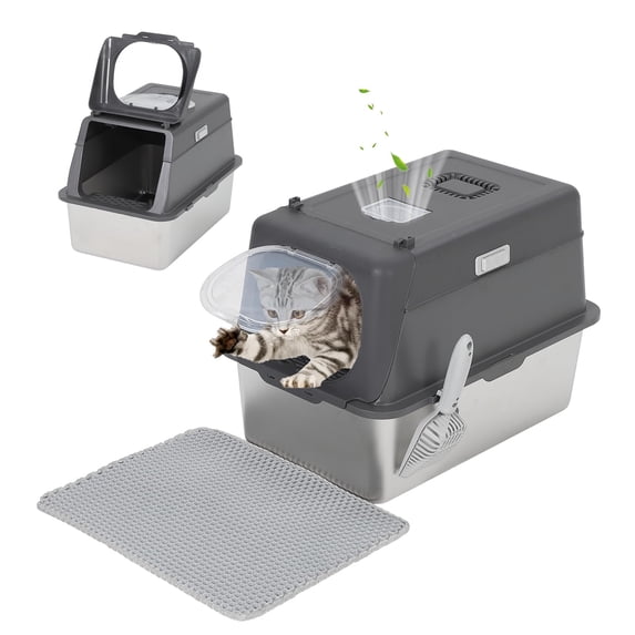 Stainless Steel Cat Litter Box with Lid, XL Extra Large Covered Metal Litter Box for Big Cats, Removable&Enclosed Design,Non-Stick&Odor-Resistant, Easy Clean, Includes Scoop&Litter Collecting Mat