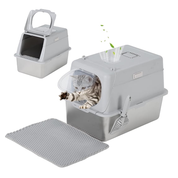 Stainless Steel Cat Litter Box with Lid, XL Extra Large Covered Metal Litter Box for Big Cats, Removable&Enclosed Design,Non-Stick&Odor-Resistant, Easy Clean, Includes Scoop&Litter Collecting Mat