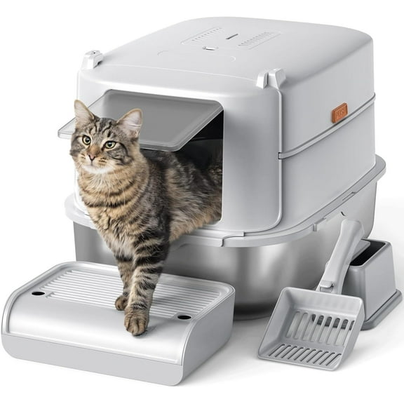 Stainless Steel Cat Litter Box with Lid, XL Extra Large Litter Box for Big Cats, Enclosed Metal Kitty Litter Box with High Sided Enclosure & Scoop, Anti-Leakage, Non-Sticky, Easy Cleaning Beige