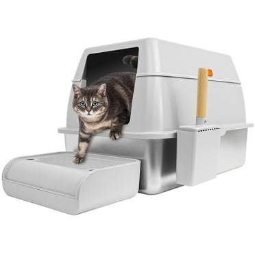 Stainless Steel Cat Litter Box with Lid, XL Extra Large Litter Box for Big Cats, Enclosed Removable Metal Litter Box with High Sided Enclosure & Scoop, Anti-Leakage, Non-Sticky, Easy Cleaning(Gray)