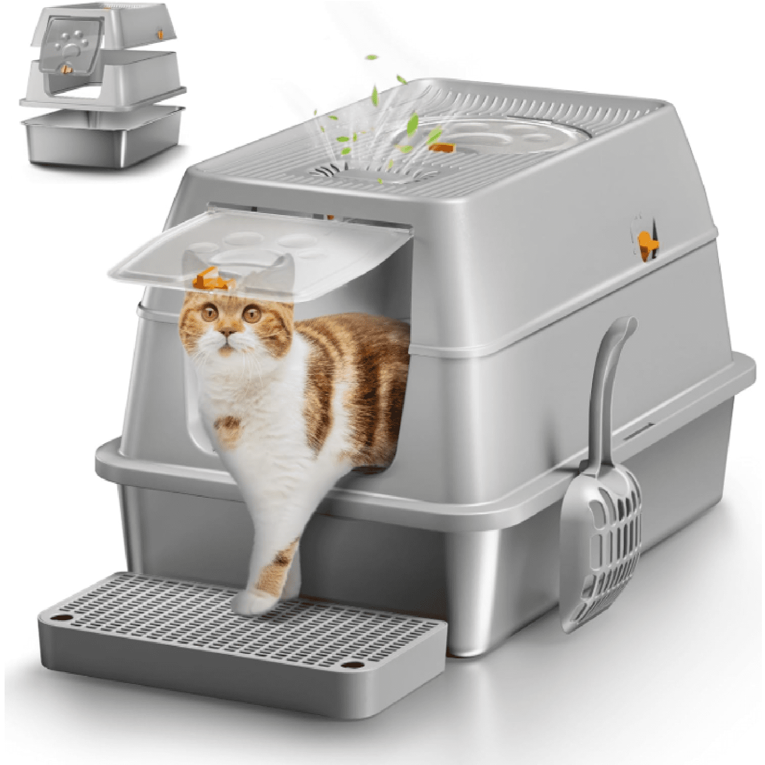 Stainless Steel Cat Litter Box with Lid, XL Large Enclosed High Sided Litter Box with Removable Lid, Carbon Filters -Odor Free, Easy Cleaning, Anti-Urine Leakage for Big Cats/Multiples-Grey