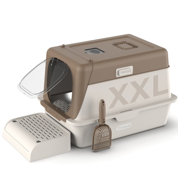 Stainless Steel Cat Litter Box with Lid, XX-Large Extra Large Litter Boxes for Large Cats,Enclosed Removable Metal Kitty Litter Box with High Sided,Magnetic Door,40L Box, Litter Trap Step/Matbrown