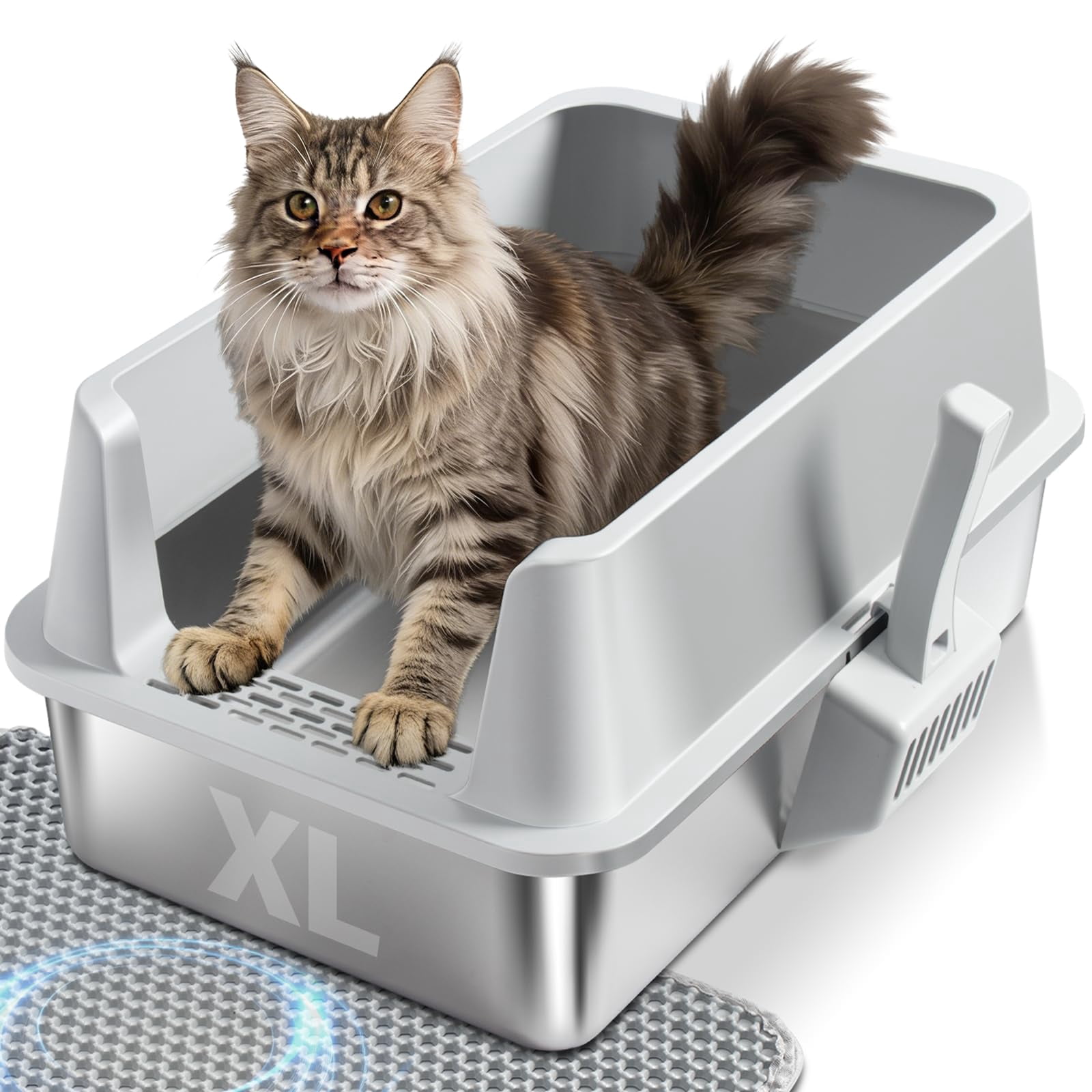 Stainless Steel Cat Litter Box With Lid  Xl Metal High Sided Odor-free/anti-urine Leakage & Non-stick Extra Large Mat Scoop For Multiple/big Cats Easy Cleaning (grey)