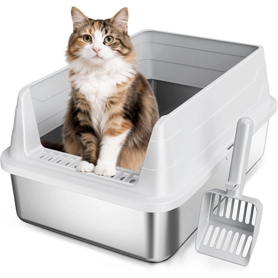 Stainless Steel Cat Litter Box, Odor Free Metal Litter Box with High Sides Lid, Open Top Low Entry Litter Pan Include Scoop Easy Cleaning Anti-Scratch Kitty Cat Box Anti-Urine Leakage, Non-Sticky