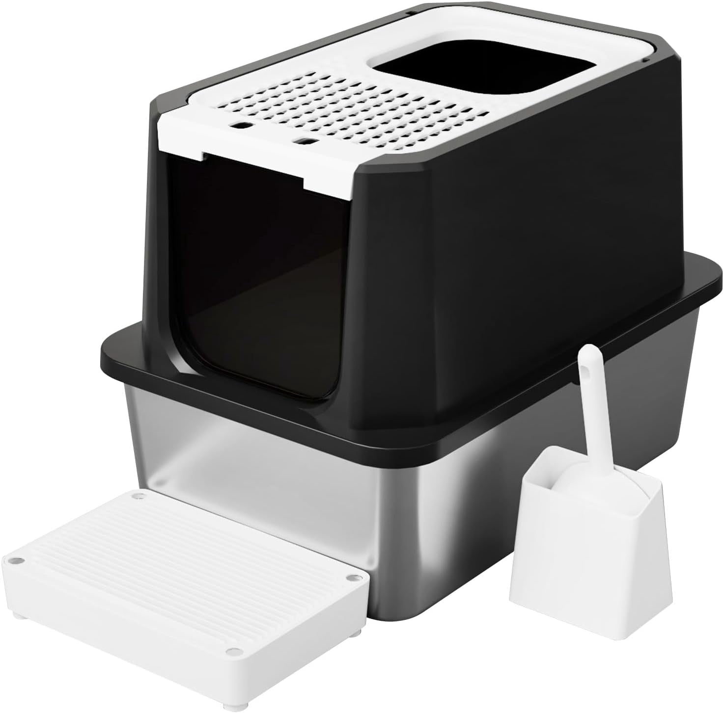 Stainless Steel Cat Litter Box, Odorless Enclosed Litter Box with Top Holes, Large Litter Pan for Small to Large Sized Cats (Deep Black, 23.8" L*15.9" W*18" H)