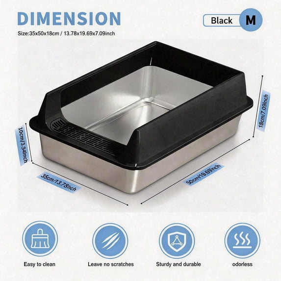 Stainless Steel Cat Litter Box, Open Top Anti-Splash Kitty Litter Pan with Pedal, Large Durable Metal Litter Tray for Big Cats & Multi-Cat Household, Easy Clean & Odor Resistant