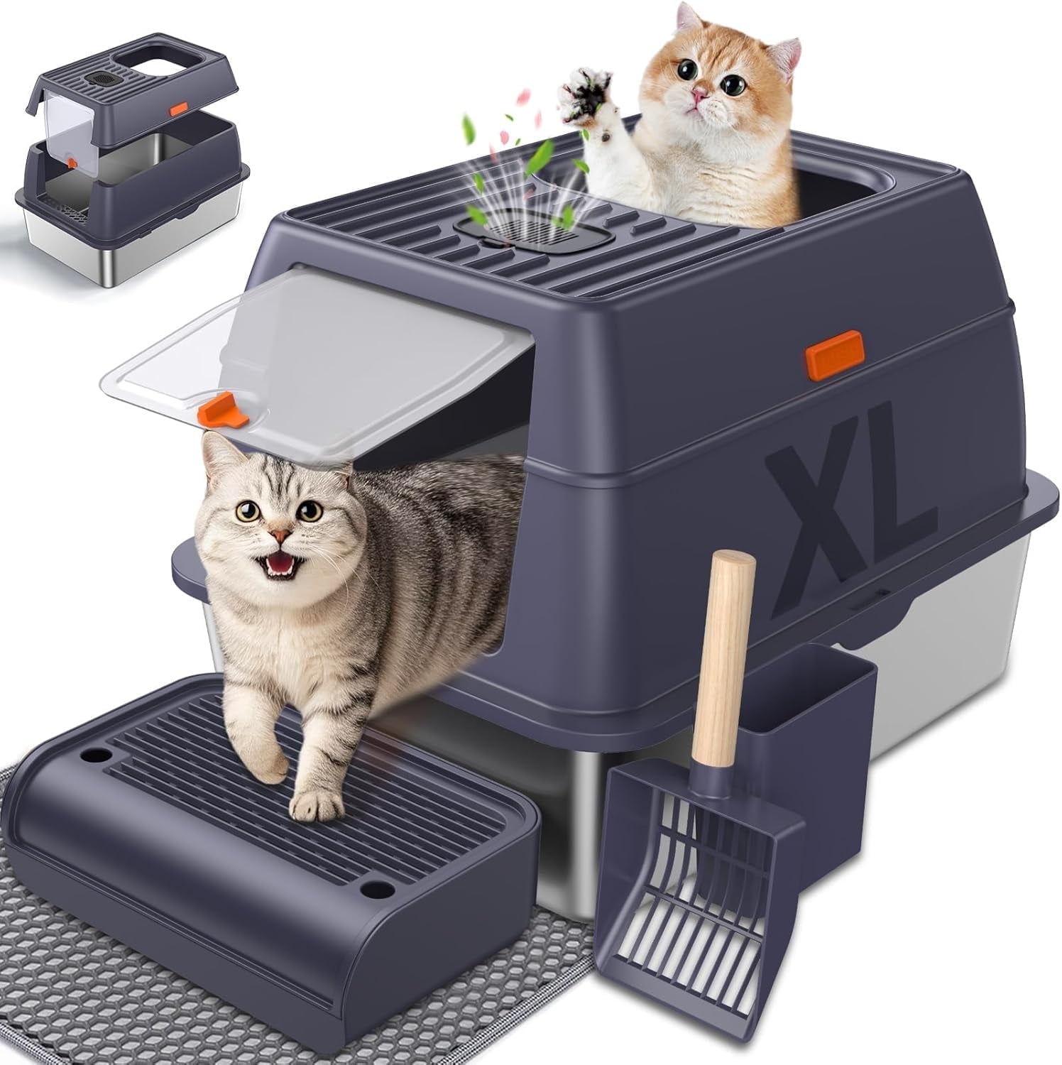 Stainless Steel Cat Litter Box with Removable Lid,Free in & Out Covered Metal Litter Box,Large Enclosed Litter Box with Litter Scoop & Mat, Easy Cleaning, Odor Free,Anti-Leakage for Kitty(Purple)