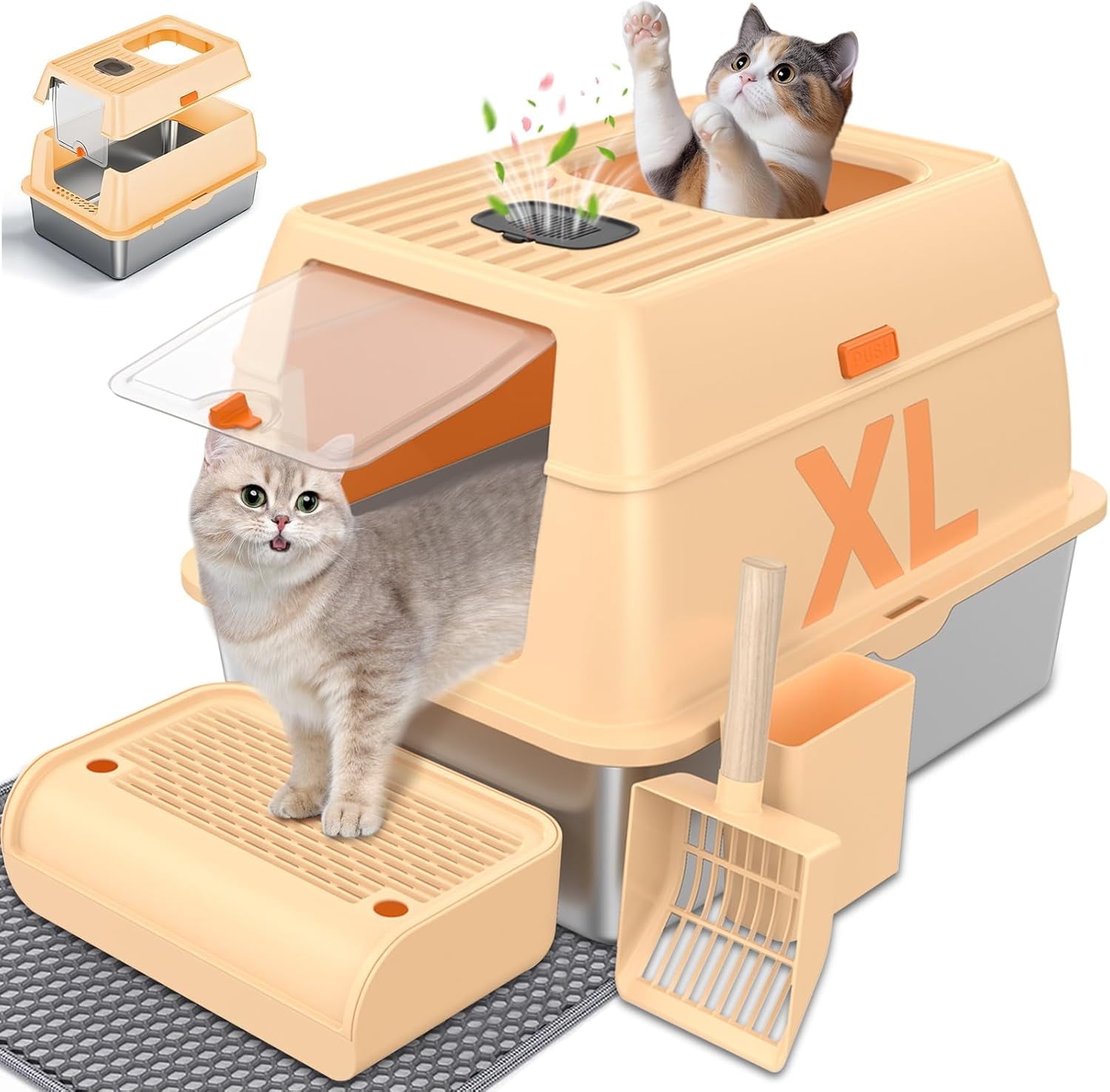 Stainless Steel Cat Litter Box with Removable Lid,Free in & Out Covered Metal Litter Box,Large Enclosed Litter Box with Litter Scoop & Mat, Easy Cleaning, Odor Free,Anti-Leakage for Kitty(Beige)