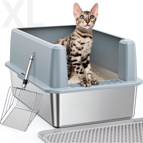 Stainless Steel Cat Litter Box with Scoop, Metal Litter Box High Sided, Cat Litter Box Enclosure, XL Extra Large High-Sided Litter Boxs (Anti-Urine Leakage, Include Scoop) (Grey)