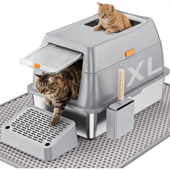 Stainless Steel Cat Litter Box with Scoop, Metal Litter Box High Sided, Cat Litter Box Enclosure, XL Extra Large High-Sided Litter Boxs (Anti-Urine Leakage, Include Scoop) (Grey)