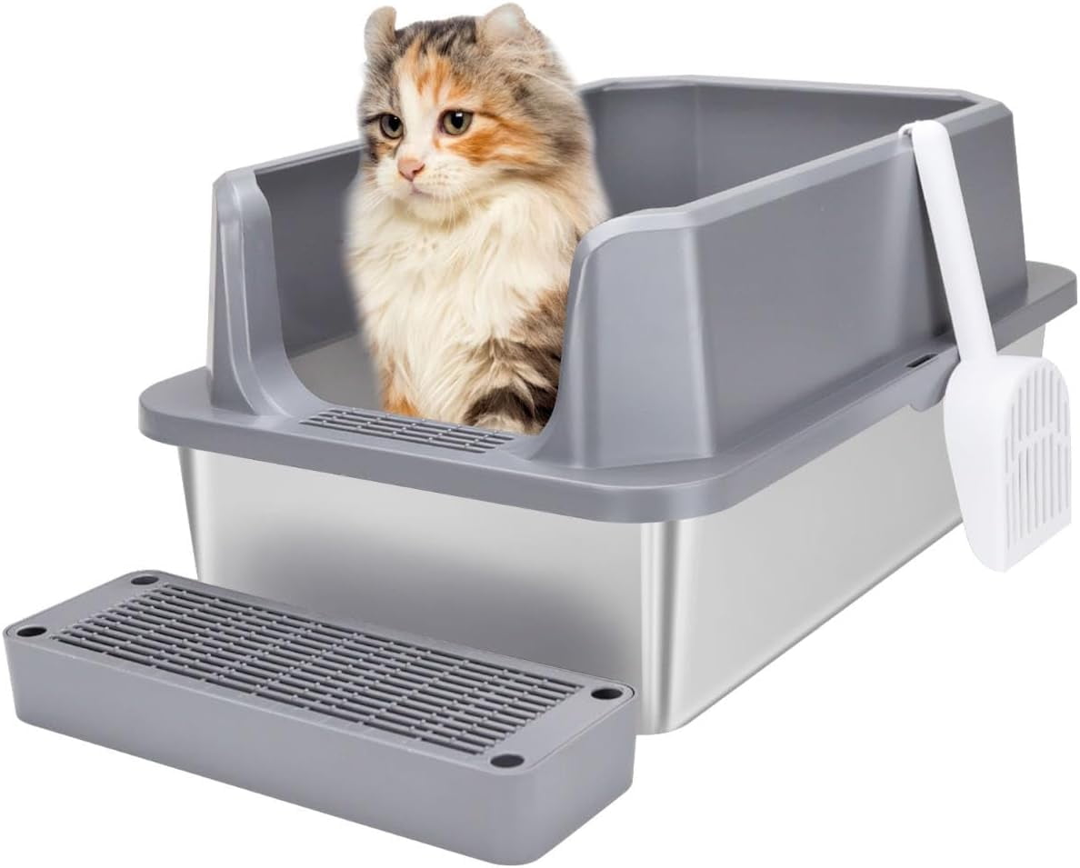 Stainless Steel Cat Litter Box, SemiEnclosed Litter Box with Raised