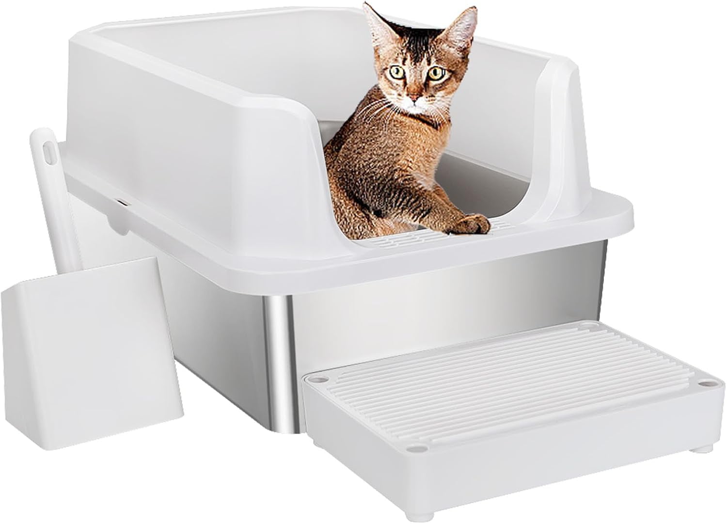 Stainless Steel Cat Litter Box, SemiEnclosed Litter Box with Raised