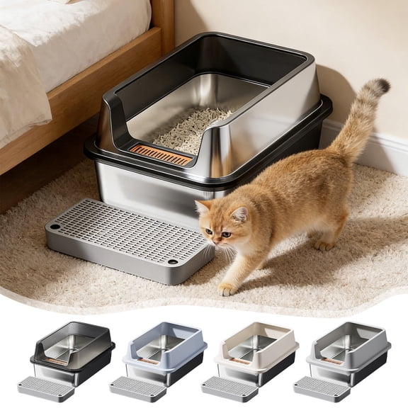 Stainless Steel Cat Litter Box Semi-Enclosed High Sided Litter Pan with Pedal & Scoop Anti-Splashing Odor Locking Easy Clean Pet Toilet for Cats 19.69x14.17x7.87in (Black)