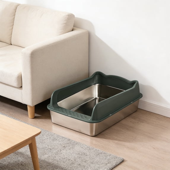Stainless Steel Cat Litter Box Semi Enclosed High Sides Antis Scatter Odor Control Kitty Litter Pan with Scoop Non-Slips Base for Large Obese Cats, Easy Clean Washable Open Tray, Green