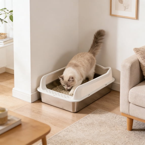 Stainless Steel Cat Litter Box Semi Enclosed High Sides Antis Scatter Odor Control Kitty Litter Pan with Scoop Non-Slips Base for Large Obese Cats, Easy Clean Washable Open Tray, White
