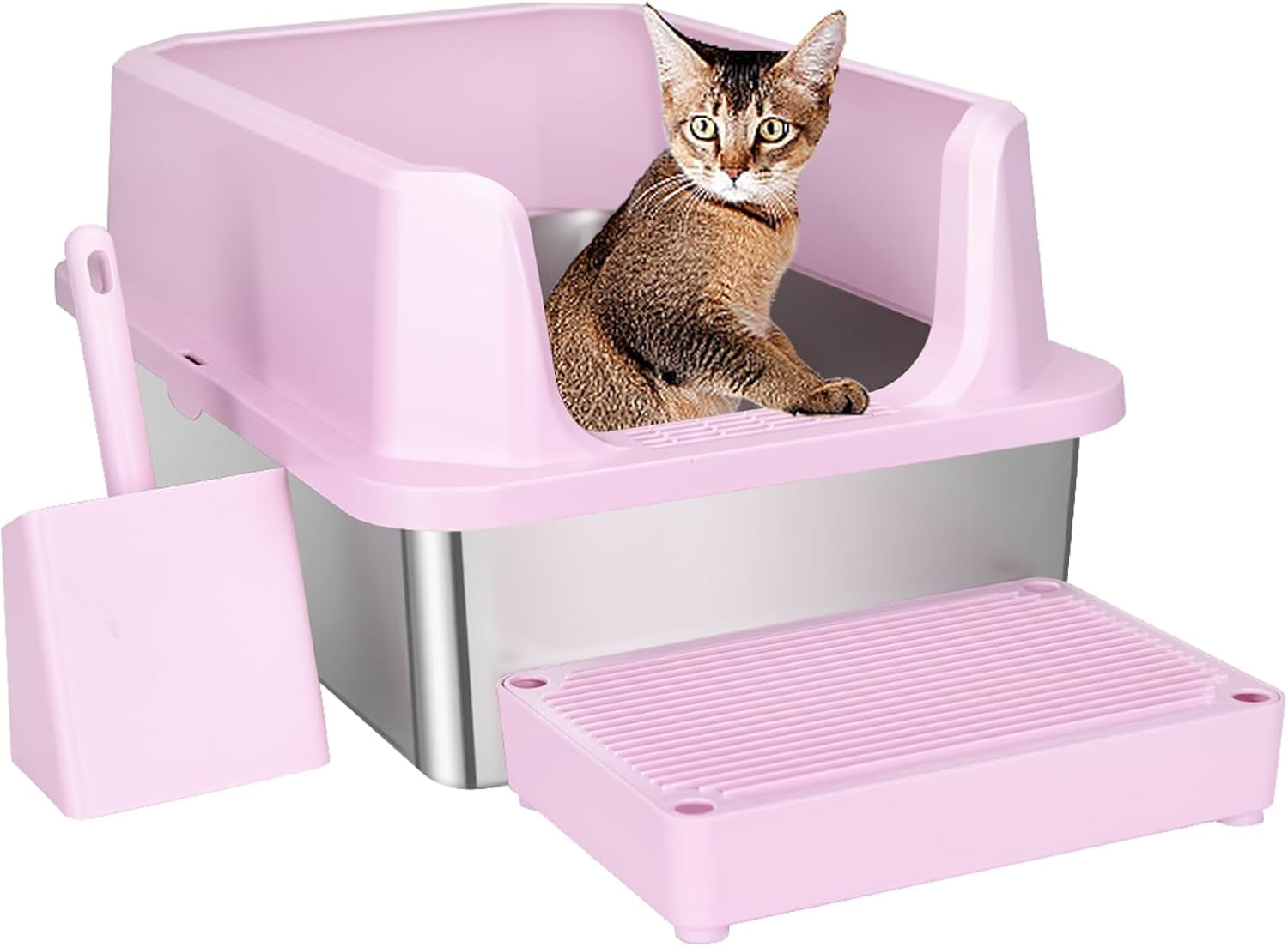 Stainless Steel Cat Litter Box, Semi-Enclosed Litter Box with Raised Edges, Anti-Leakage & Odorless, Large Litter Box for Small to Large Sized Cats (Dark Pink, 23.8" L*16" W*12" H)