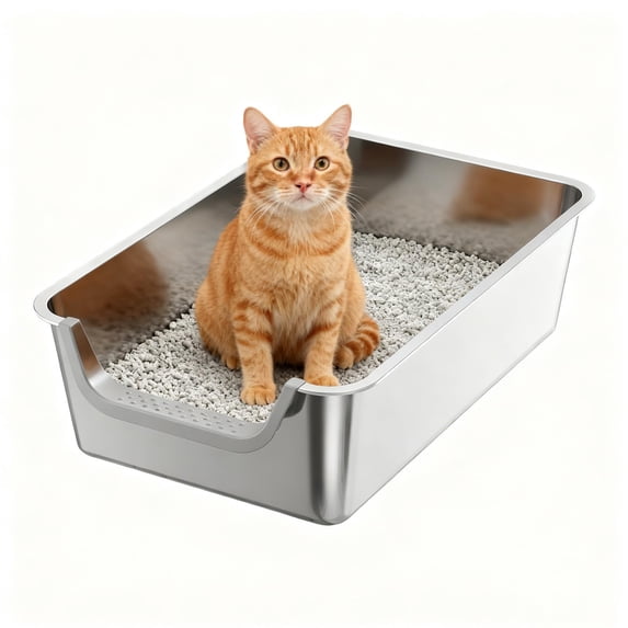 Stainless Steel Cat Litter Box, Short-Side Low Entry, Extra Large for Indoor Big Cats, Kittens and Seniors