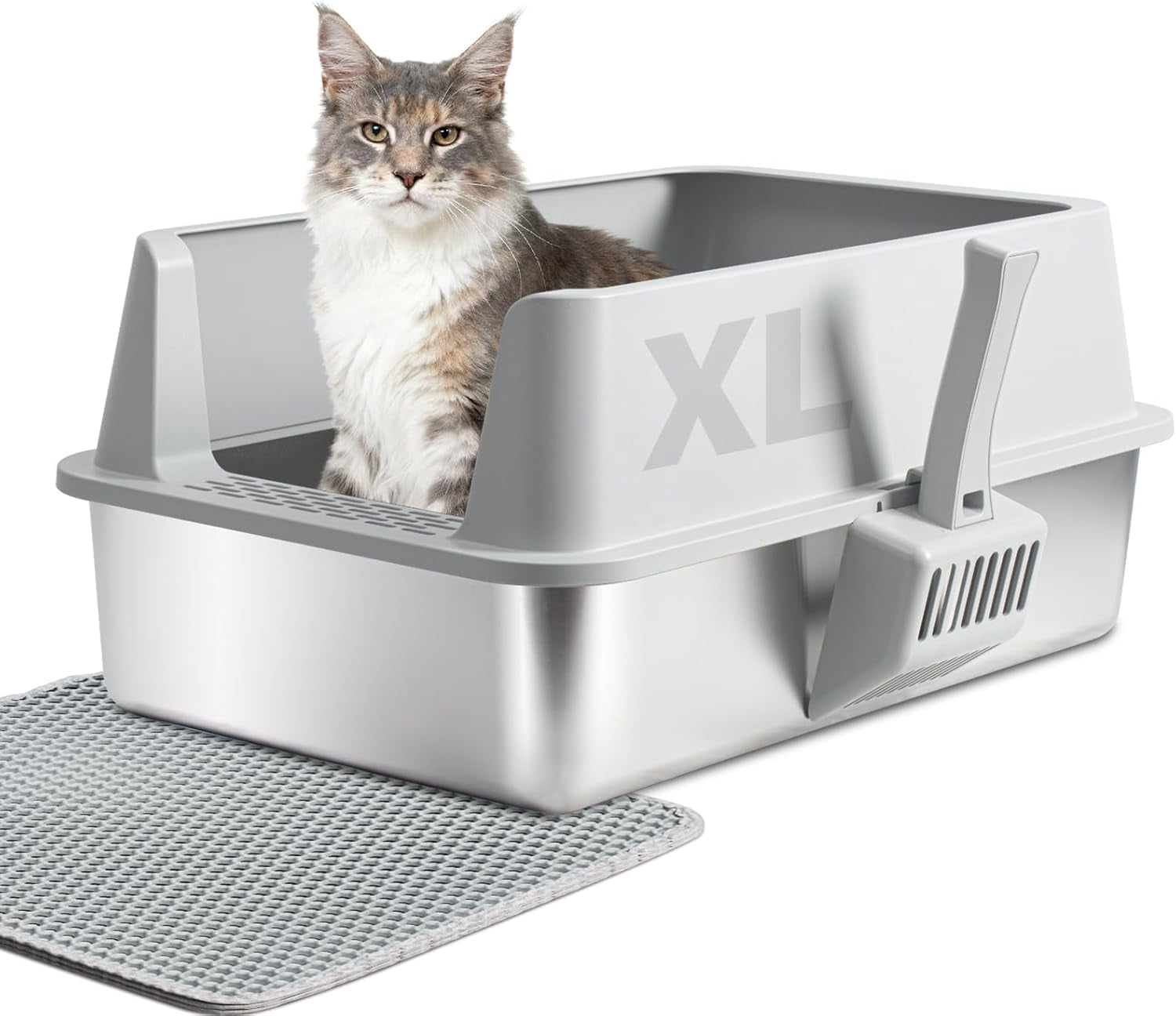 Stainless Steel Cat Litter Box With Lid  Xl Metal Extra Large Litterbox For Big Cats High Sided | Easy Cleaning Odor-free Includes Scoop And Mat