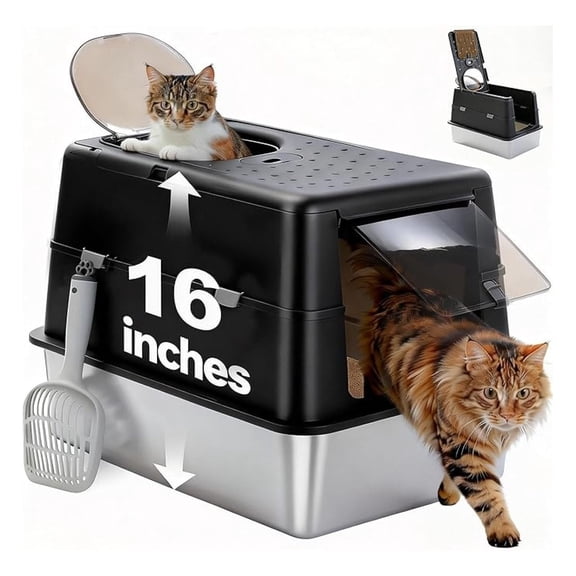 Stainless Steel Cat Litter Box, XL Extra Large Enclosed Litter Box with Non-Sticky Metal Pan, 16" High Sides& Anti-Leakage with , Front & Top Dual Entry for Big Cats, Black