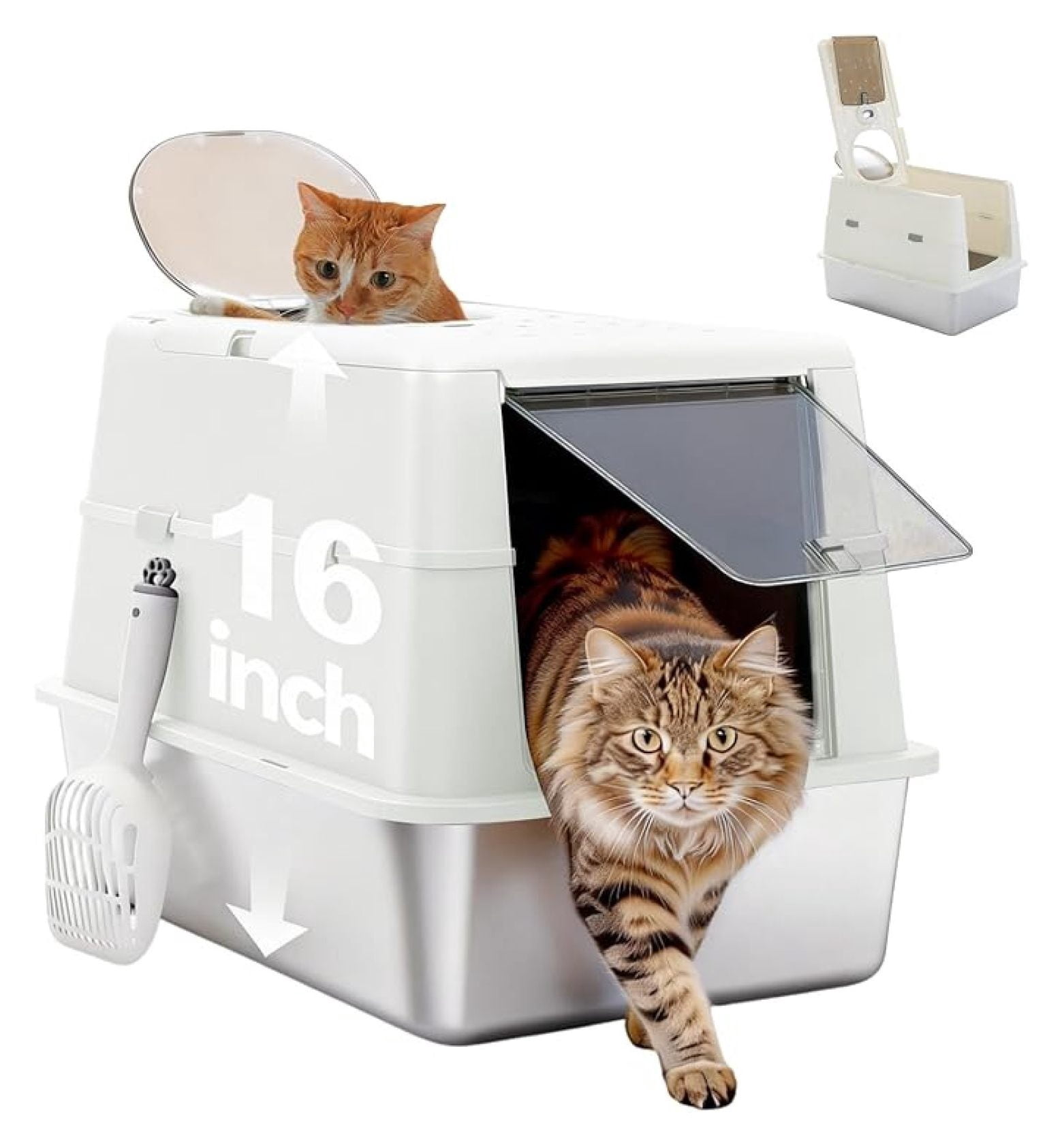 Stainless Steel Cat Litter Box, XL Extra Large Enclosed Litter Box with Non-Sticky Metal Pan, 16" High Sides& Anti-Leakage with , Front & Top Dual Entry for Big Cats, White